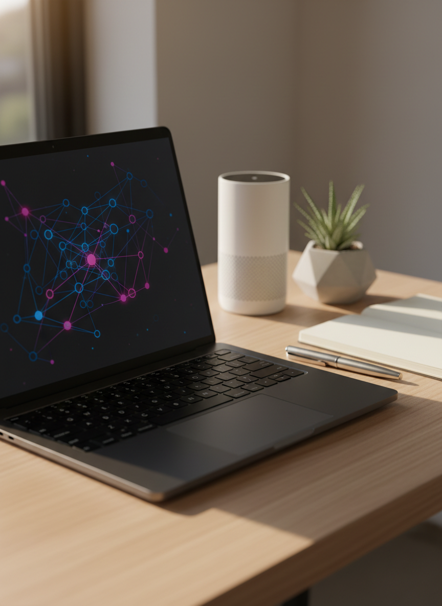 A sleek, matte-black laptop partially open on a clean, pale oak desk, its screen displaying a vivid, abstract neural network diagram in deep blues and magentas on a dark background. Beside it lies a silver metal pen and a minimalist notebook with cream pages, slightly angled. Behind, a softly glowing smart speaker and a small, geometric planter with a single green succulent add subtle tech and organic accents. Late afternoon natural light filters through an unseen window, casting gentle, directional shadows and delicate reflections on the laptop surface. Shot at eye level with a shallow depth of field and photographic realism, the scene feels calm, professional, and accessible, suggesting clear, jargon-free learning about artificial intelligence in everyday life.