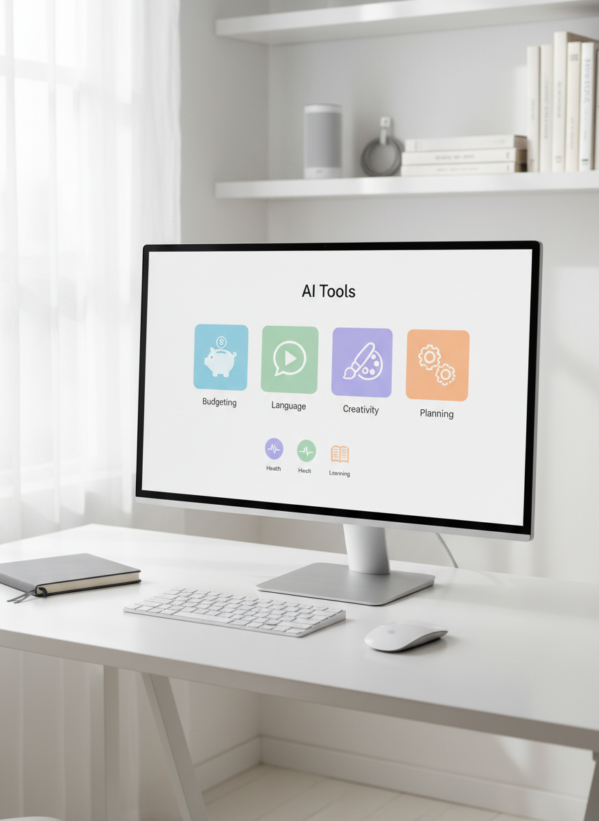 A modern home workspace with a large, ultra-thin monitor displaying a simple, colorful dashboard of AI tools organized into friendly icons labeled for everyday tasks like budgeting, language, and creativity. The monitor sits on a white desk with a subtle satin finish, accompanied by a wireless keyboard and mouse, and a closed slate-gray notebook. In the background, blurred shelves hold a few neatly arranged tech gadgets and books with neutral spines. Soft, diffused daylight from the left creates a bright, welcoming atmosphere with minimal shadows. Captured from a slightly elevated angle in photographic realism, the composition uses the rule of thirds to emphasize both screen content and clean surroundings, conveying a sense of clarity, order, and safe, practical use of AI in daily life.