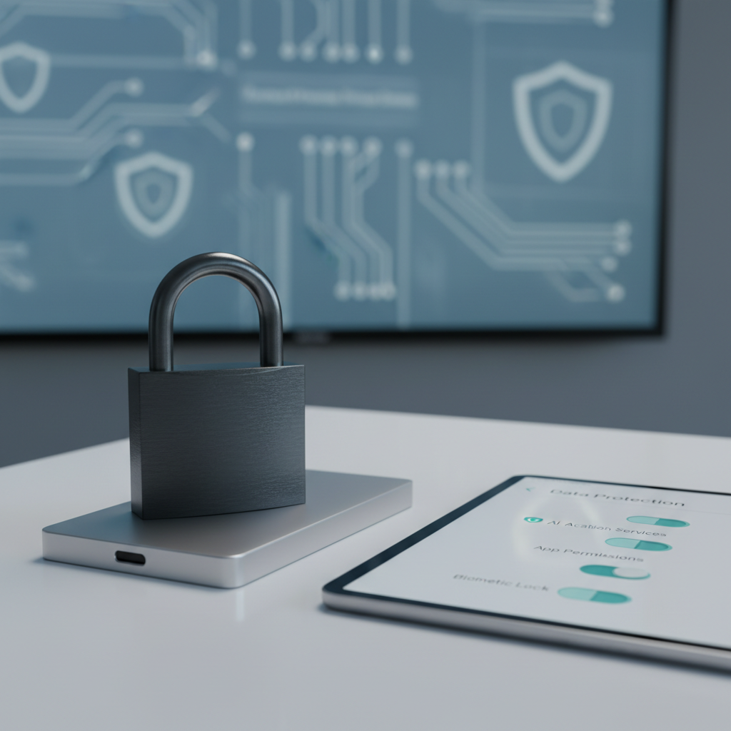 A close-up of a dark, brushed-metal padlock resting atop a slim, silver external drive, both lying on a smooth white desk. Next to them, a tablet displays a simple, elegant interface of privacy settings, with clear toggle switches in teal and gray indicating strong protection. The background fades into soft blur where faint outlines of circuit patterns and shield icons appear on a wall-mounted screen. Cool, controlled lighting from above creates crisp, professional reflections and soft-edged shadows, emphasizing security without feeling ominous. Photographic realism, shot from a low, side angle, highlights the textures of metal and glass. The mood is confident and reassuring, visually representing responsible AI, data safety, and user control without relying on fear-based imagery.